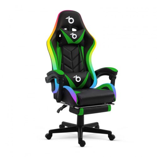 Scaun gaming cu cotiera si perna, cu RGB, negru si verde